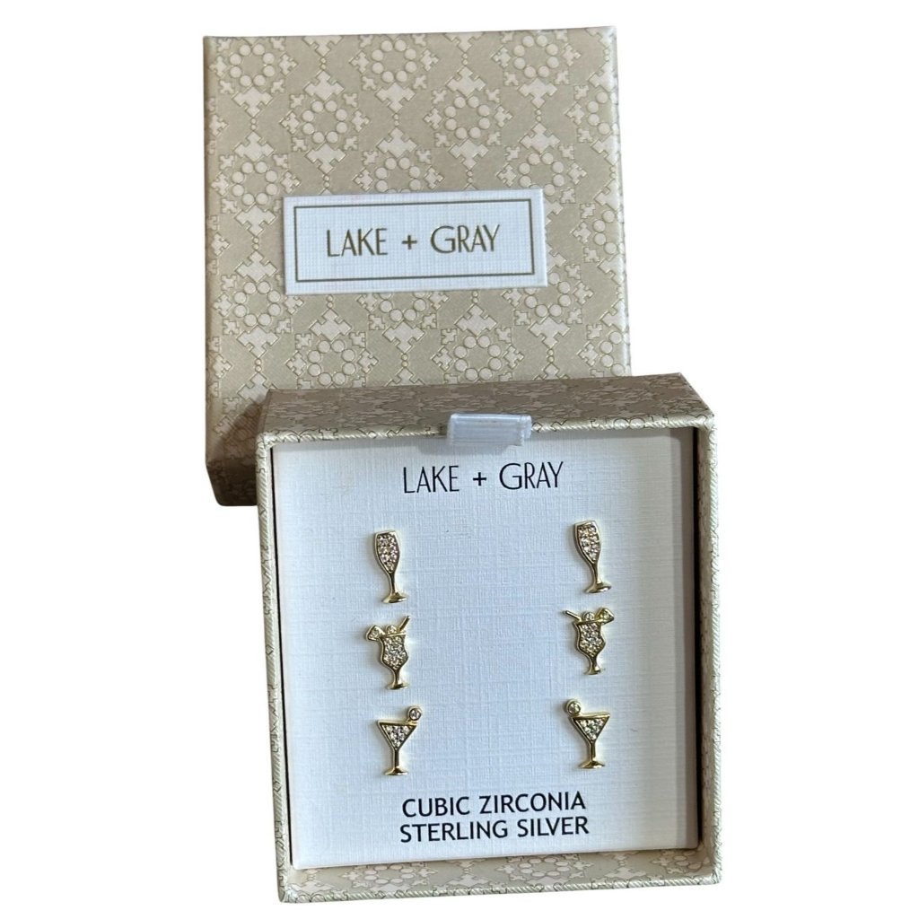 New 3 Pair Lake + Gray Cz Cocktail 925 Sterling Silver Stud Earrings